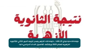 <p><strong>نجاح 80.25%..</strong> الأزهر يصدر نتيجة الدور الثاني للثانوية الأزهرية للعام 2025 ويكشف تفاصيل الأداء الدراسي</p>